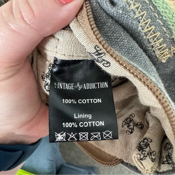 Vintage Addiction Gray Crossbody Purse Bag Canvas 100% Cotton Crochet Patch - Picture 13 of 14